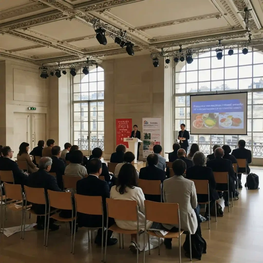 Conférence sur le régime et la santé des îles Ryukyu au Louvre à Paris, public attentif et présentation de plats traditionnels d'Okinawa Conférence sur le régime et la santé des îles ryukyu au louvre à paris, public attentif et présentation de plats traditionnels d'okinawa