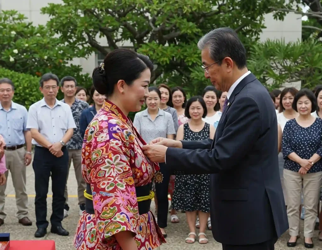 Remise de médaille du mérite du préfet d'Okinawa à une femme en tenue traditionnelle Remise de médaille du mérite du préfet d'okinawa à une femme en tenue traditionnelle