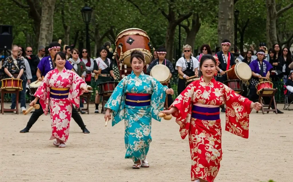 Un groupe de femmes en vêtements traditionnels japonais dansant ensemble, exprimant la culture et la joie à travers leur mouvement